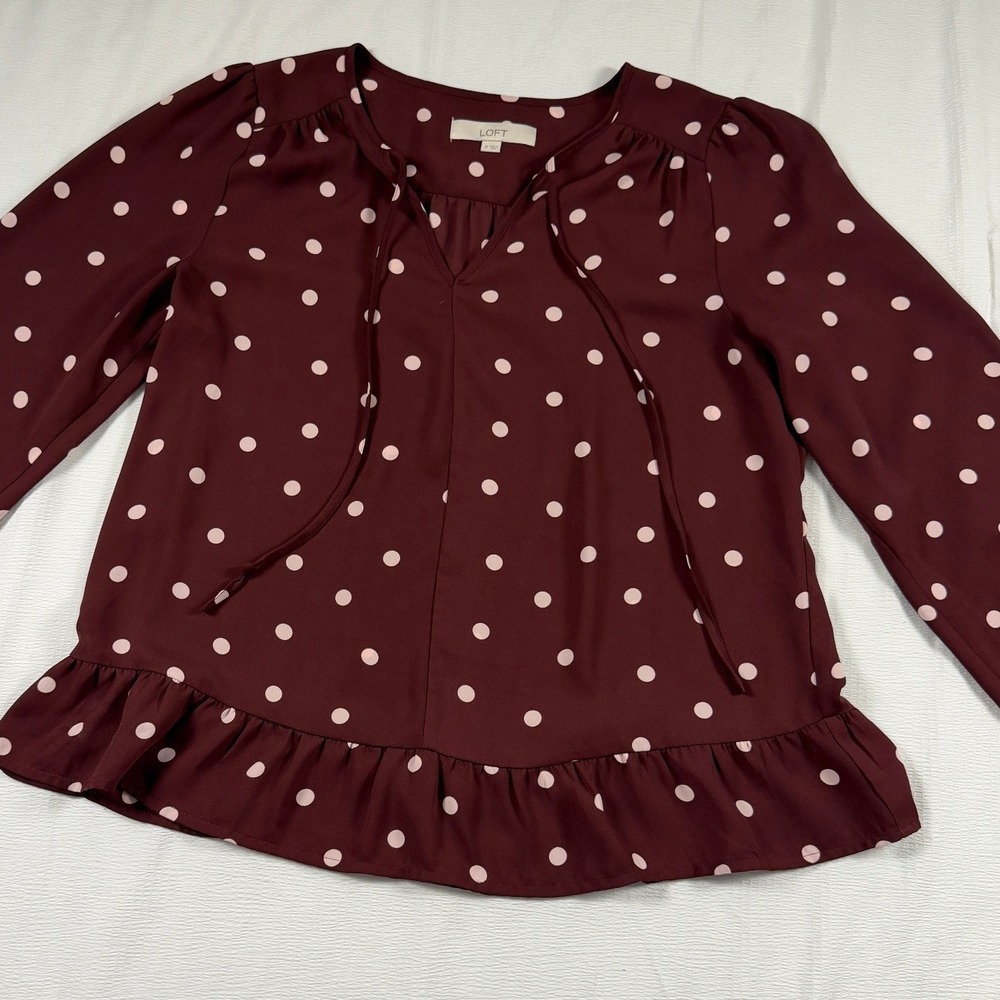 LOFT Burgundy Polka Dot V-Neck Ruffle Hem Blouse Medium Maroon Long Sleeve Tie